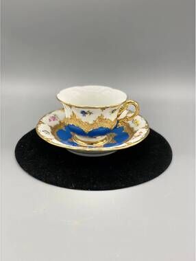 Meissen B Form Cup Saucer Turquoise Blue Flowers Heavy Gilt